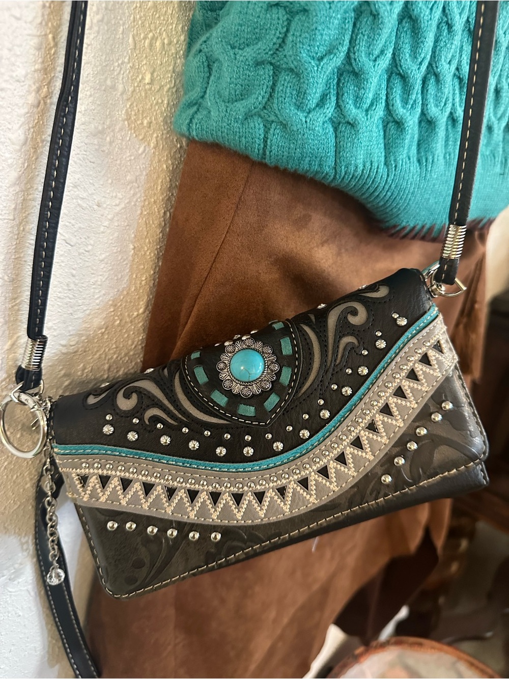 Turquoise Accent Embellished Crossbody Bag